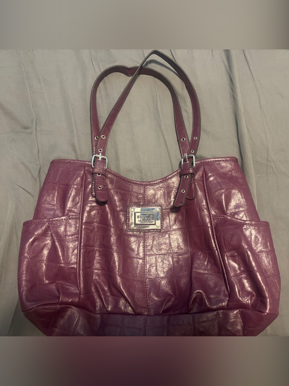 Nicole by Nicole Miller Deep Plum Croc-Embossed Shoulder Tote